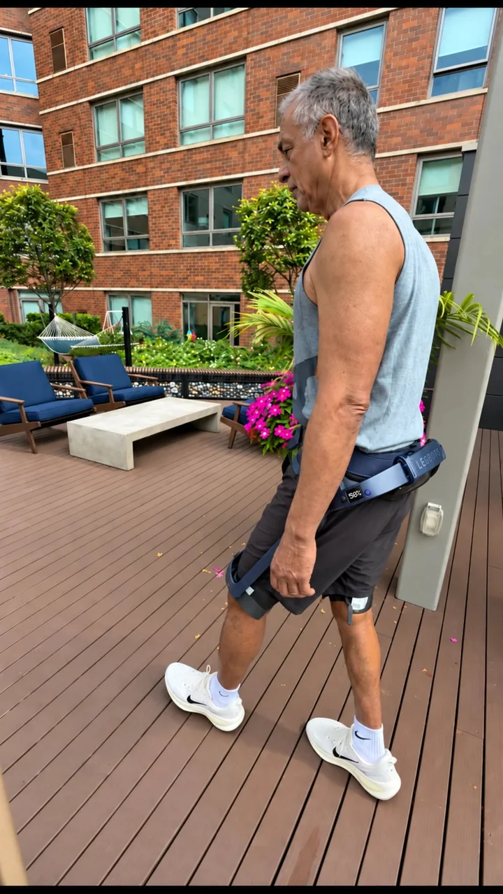 Person walking outdoors on a courtyard deck while wearing Legbots